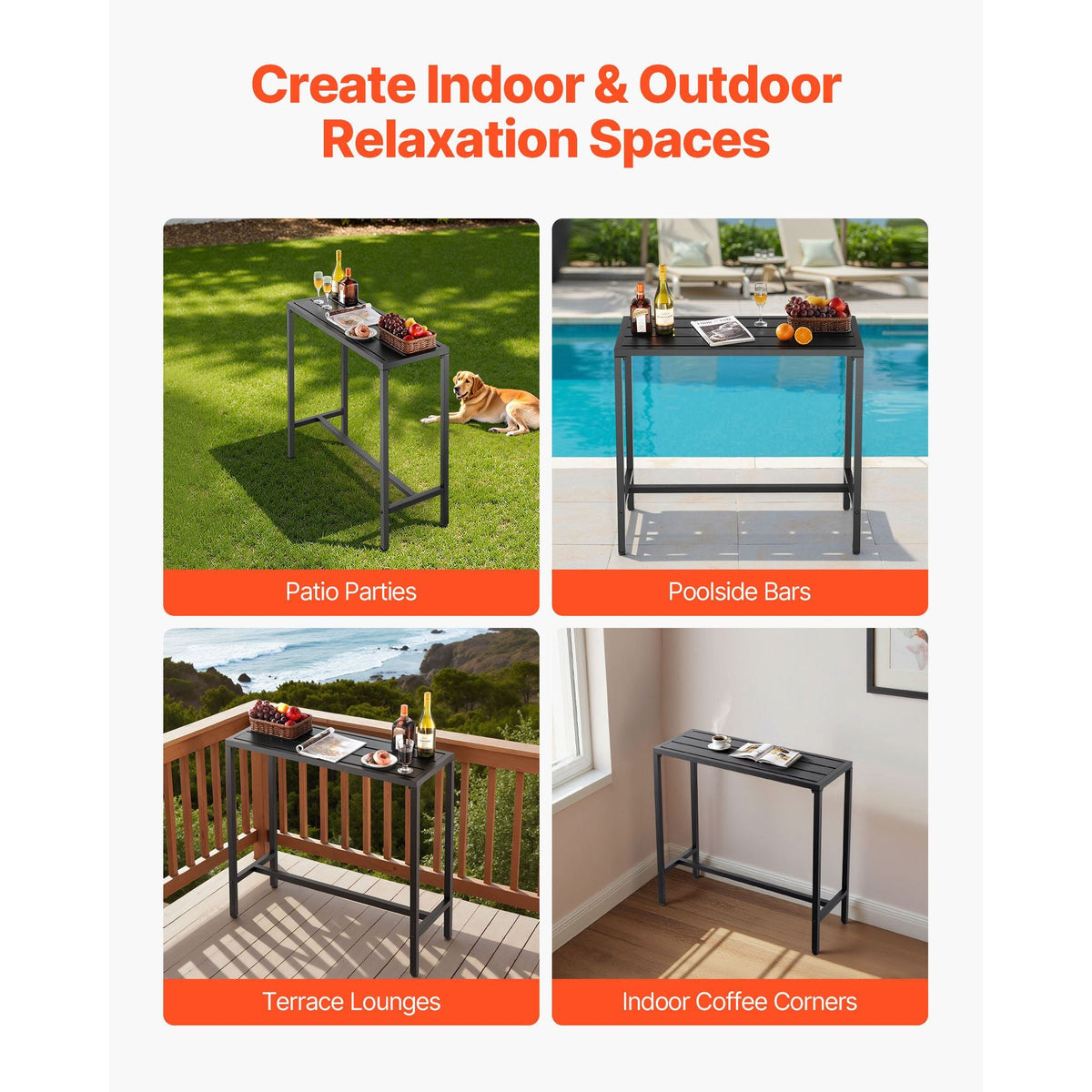 Outdoor Bar Table, 39.4 x 15 in Patio Bar Table, Waterproof Top & Sturdy Metal Frame, Rectangle Counter Height Dining Tables, Outdoor Furniture for Balcony, Yard, Hot Tub, Poolside, Indoor