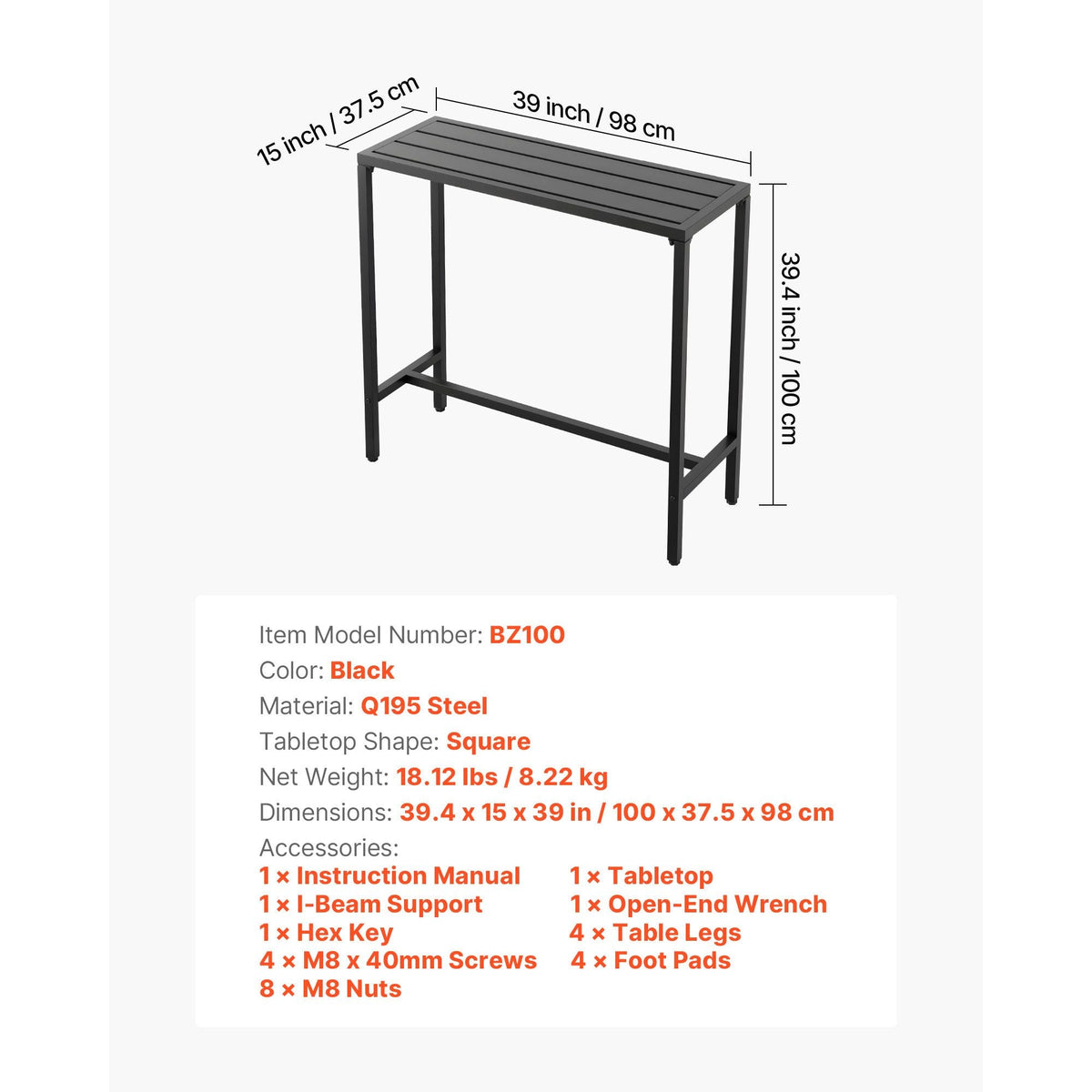 Outdoor Bar Table, 39.4 x 15 in Patio Bar Table, Waterproof Top & Sturdy Metal Frame, Rectangle Counter Height Dining Tables, Outdoor Furniture for Balcony, Yard, Hot Tub, Poolside, Indoor