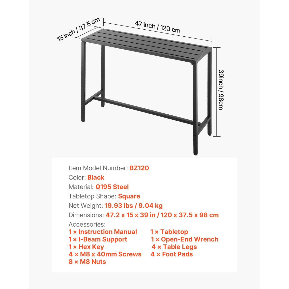 Outdoor Bar Table, 47 x 15 in Patio Bar Table, Waterproof Top & Sturdy Metal Frame, Rectangle Counter Height Dining Tables, Outdoor Furniture for Balcony, Yard, Hot Tub, Poolside, Indoor