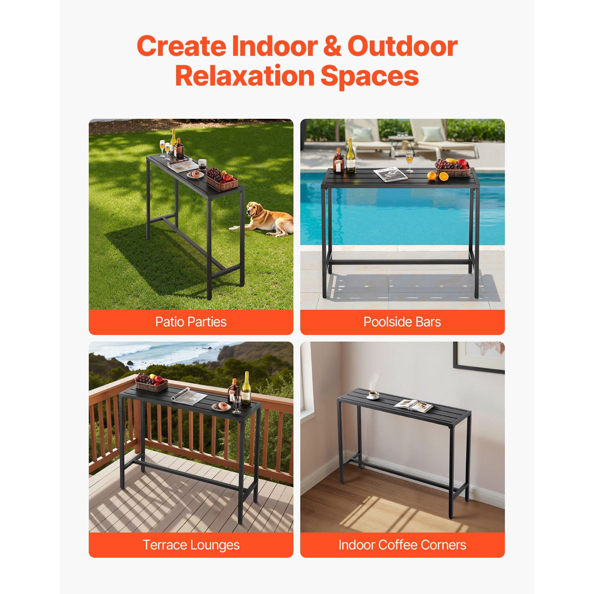Outdoor Bar Table, 47 x 15 in Patio Bar Table, Waterproof Top & Sturdy Metal Frame, Rectangle Counter Height Dining Tables, Outdoor Furniture for Balcony, Yard, Hot Tub, Poolside, Indoor