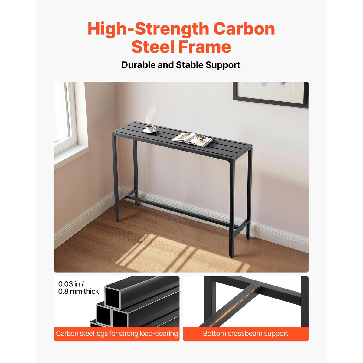 Outdoor Bar Table, 47 x 15 in Patio Bar Table, Waterproof Top & Sturdy Metal Frame, Rectangle Counter Height Dining Tables, Outdoor Furniture for Balcony, Yard, Hot Tub, Poolside, Indoor