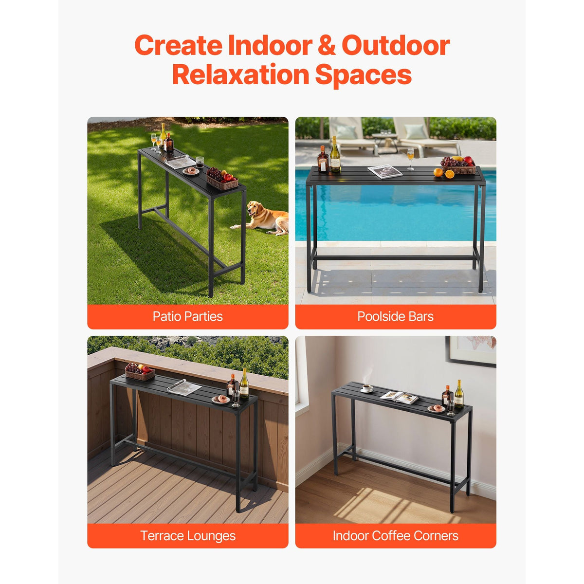 Outdoor Bar Table, 55 x 15 in Patio Bar Table, Waterproof Top & Sturdy Metal Frame, Rectangle Counter Height Dining Tables, Outdoor Furniture for Balcony, Yard, Hot Tub, Poolside, Indoor