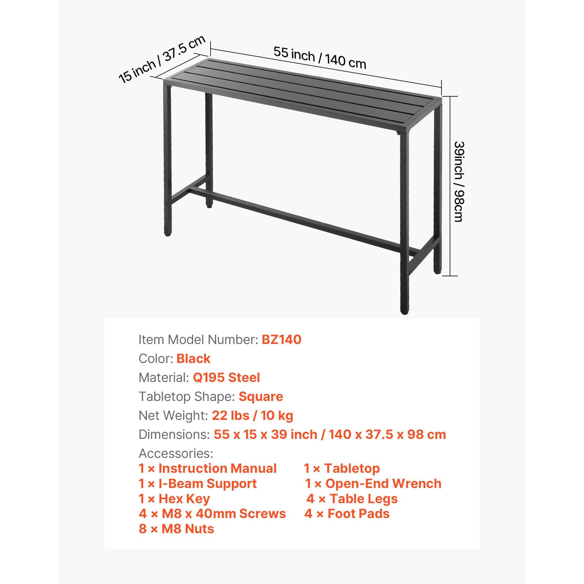 Outdoor Bar Table, 55 x 15 in Patio Bar Table, Waterproof Top & Sturdy Metal Frame, Rectangle Counter Height Dining Tables, Outdoor Furniture for Balcony, Yard, Hot Tub, Poolside, Indoor