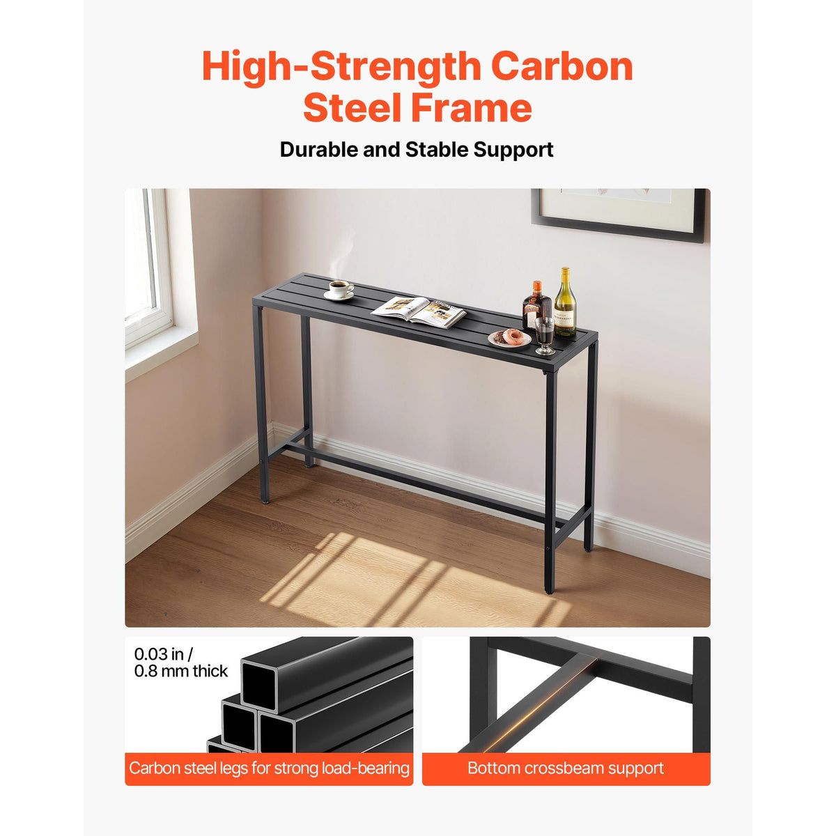 Outdoor Bar Table, 55 x 15 in Patio Bar Table, Waterproof Top & Sturdy Metal Frame, Rectangle Counter Height Dining Tables, Outdoor Furniture for Balcony, Yard, Hot Tub, Poolside, Indoor
