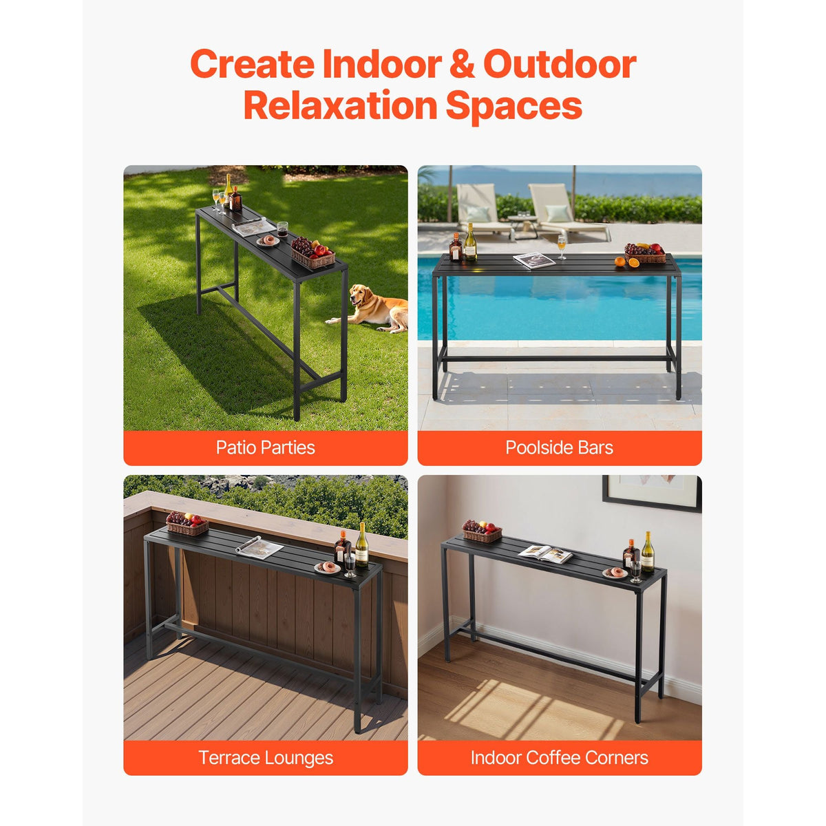 Outdoor Bar Table, 63 x 15 in Patio Bar Table, Waterproof Top & Sturdy Metal Frame, Rectangle Counter Height Dining Tables, Outdoor Furniture for Balcony, Yard, Hot Tub, Poolside, Indoor