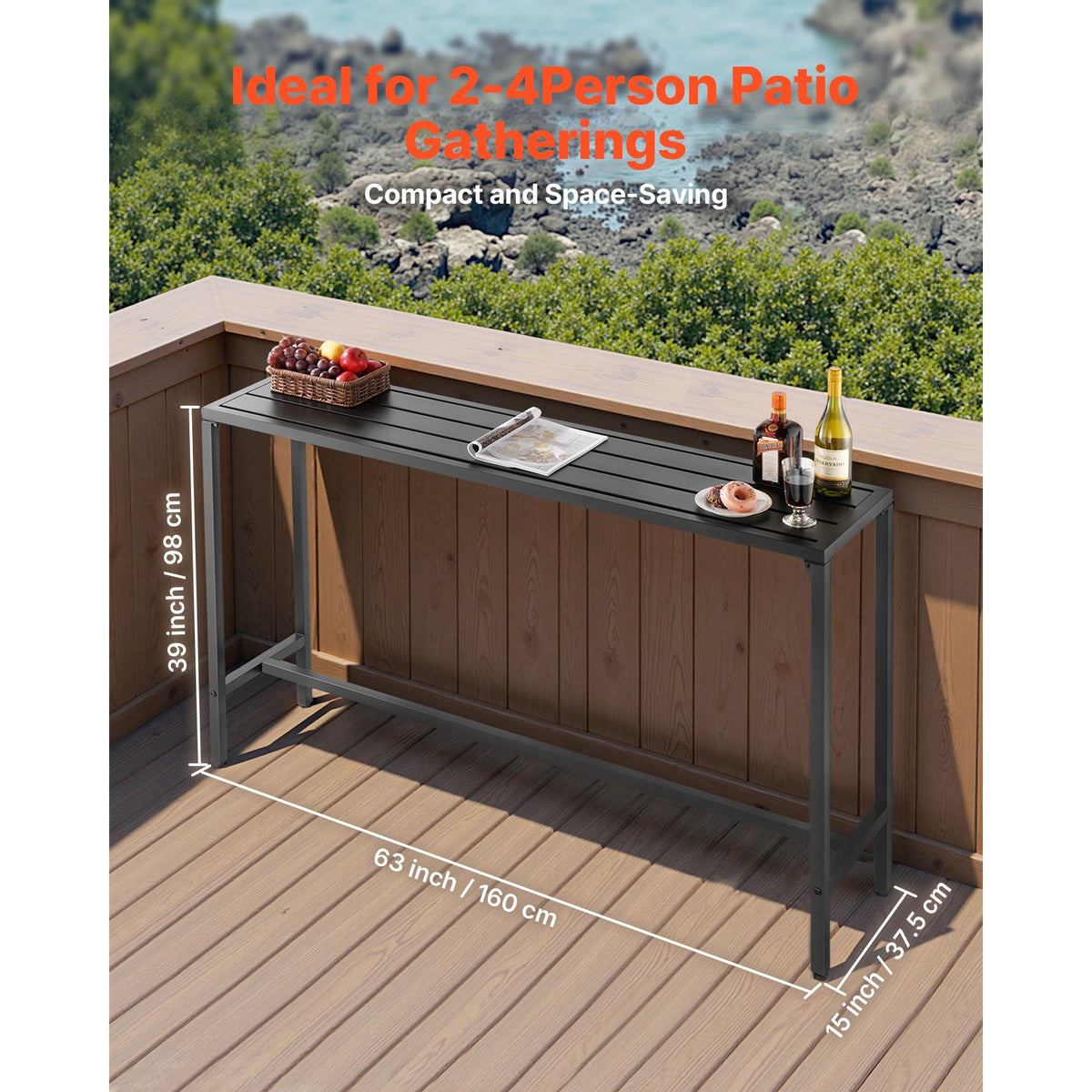 Outdoor Bar Table, 63 x 15 in Patio Bar Table, Waterproof Top & Sturdy Metal Frame, Rectangle Counter Height Dining Tables, Outdoor Furniture for Balcony, Yard, Hot Tub, Poolside, Indoor