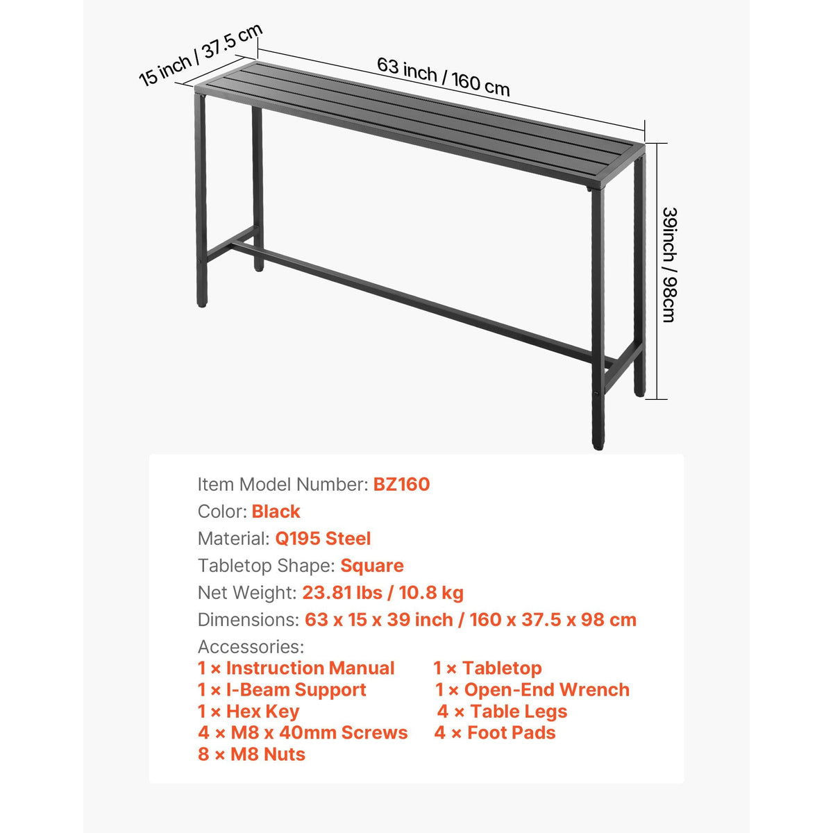 Outdoor Bar Table, 63 x 15 in Patio Bar Table, Waterproof Top & Sturdy Metal Frame, Rectangle Counter Height Dining Tables, Outdoor Furniture for Balcony, Yard, Hot Tub, Poolside, Indoor