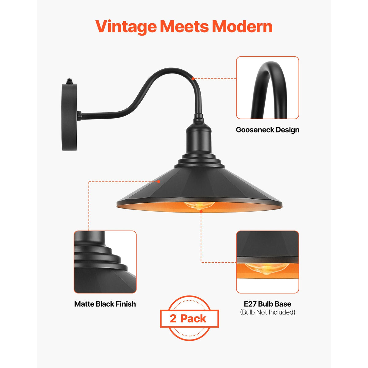 Outdoor Barn Light, 11.5 in Diameter, 2-Pack Farmhouse Gooseneck Light Fixture, Dusk to Dawn Exterior Wall Sconce, with Anti-Rust, E26 Bulb Compatible for Porch, House, Entryway, Garage, Black