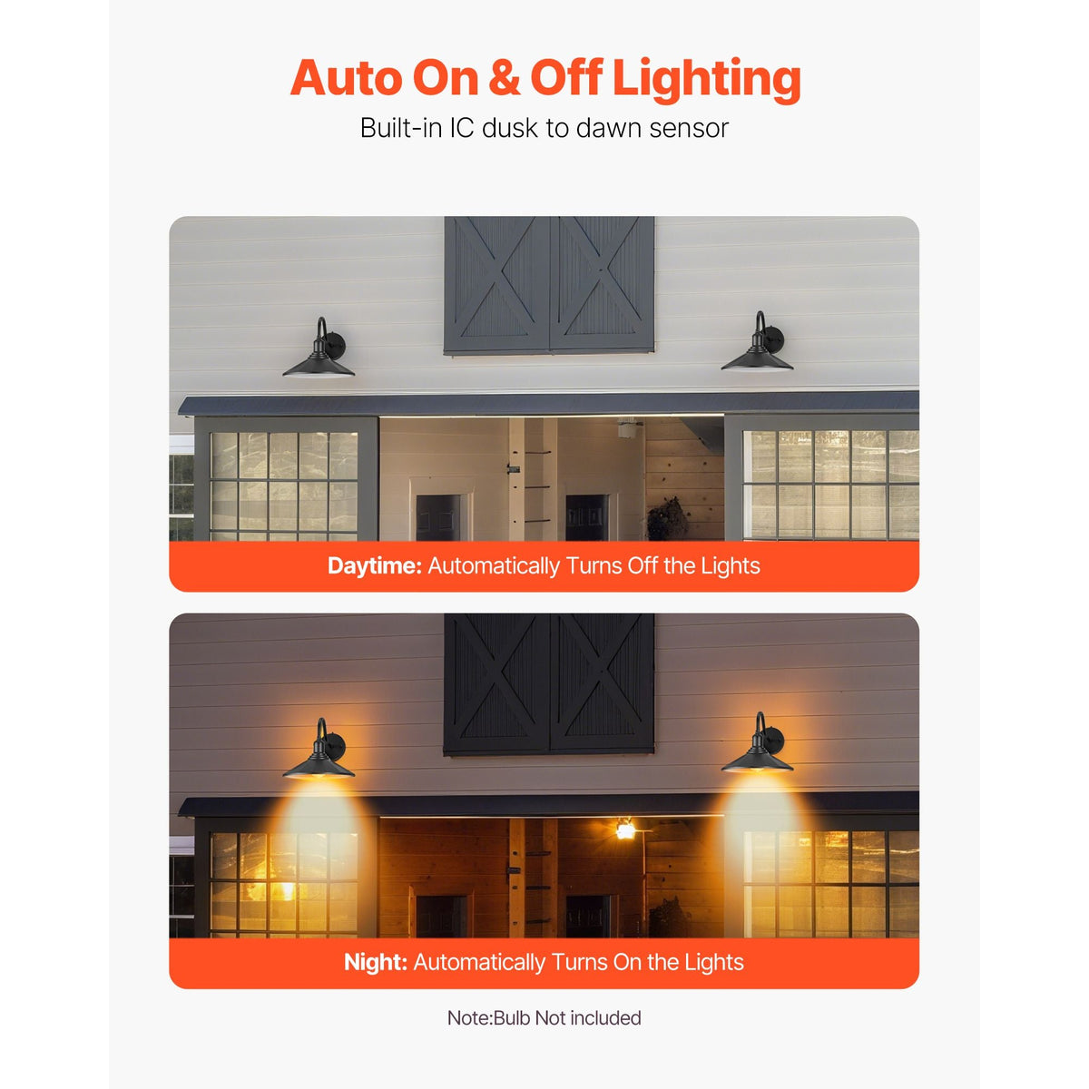 Outdoor Barn Light, 11.5 in Diameter, 2-Pack Farmhouse Gooseneck Light Fixture, Dusk to Dawn Exterior Wall Sconce, with Anti-Rust, E26 Bulb Compatible for Porch, House, Entryway, Garage, Black