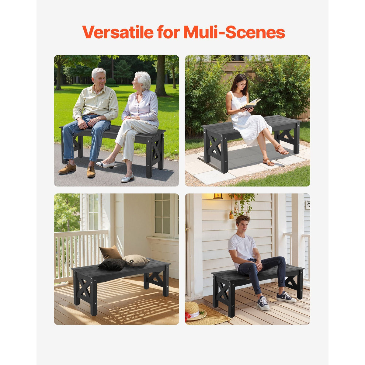 Outdoor Bench, 44.5 inch, 600 lbs Weight Capacity, Weatherproof Plastic Frame with Adjustable Level Footpads and Thick Leg, Outside Bench for Patio, Garden, Park, Yard, Front Porch, Black