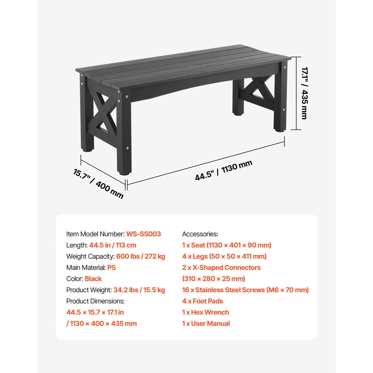Outdoor Bench, 44.5 inch, 600 lbs Weight Capacity, Weatherproof Plastic Frame with Adjustable Level Footpads and Thick Leg, Outside Bench for Patio, Garden, Park, Yard, Front Porch, Black