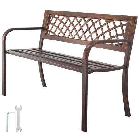Outdoor Bench, 46 inch, Carbon Steel Metal Frame with PVC Mesh Pattern Backrest and Round Edge Armrests, Weatherproof Outside Bench for Patio, Garden, Park, Yard, Front Porch, Antique Bronze