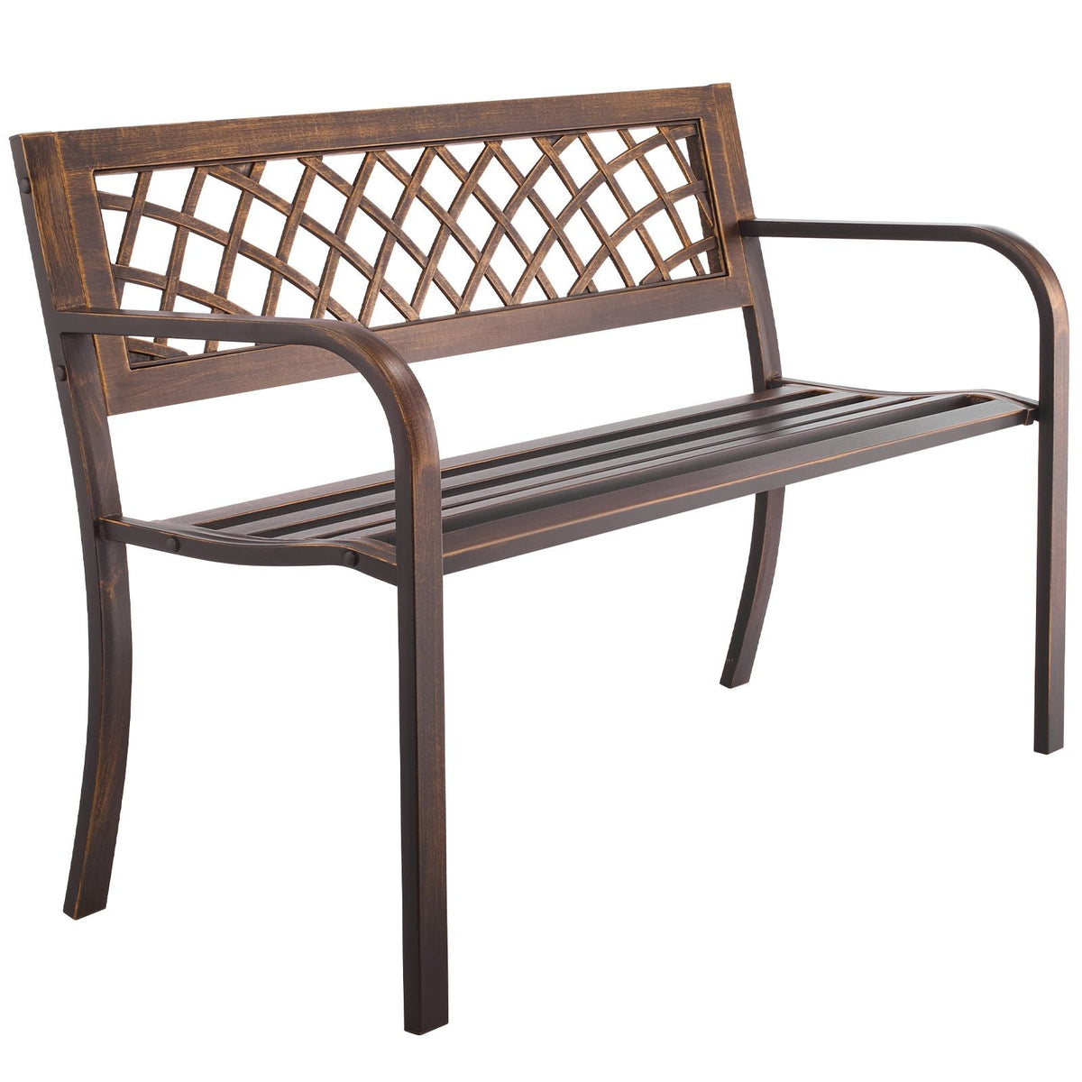 Outdoor Bench, 46 inch, Carbon Steel Metal Frame with PVC Mesh Pattern Backrest and Round Edge Armrests, Weatherproof Outside Bench for Patio, Garden, Park, Yard, Front Porch, Antique Bronze