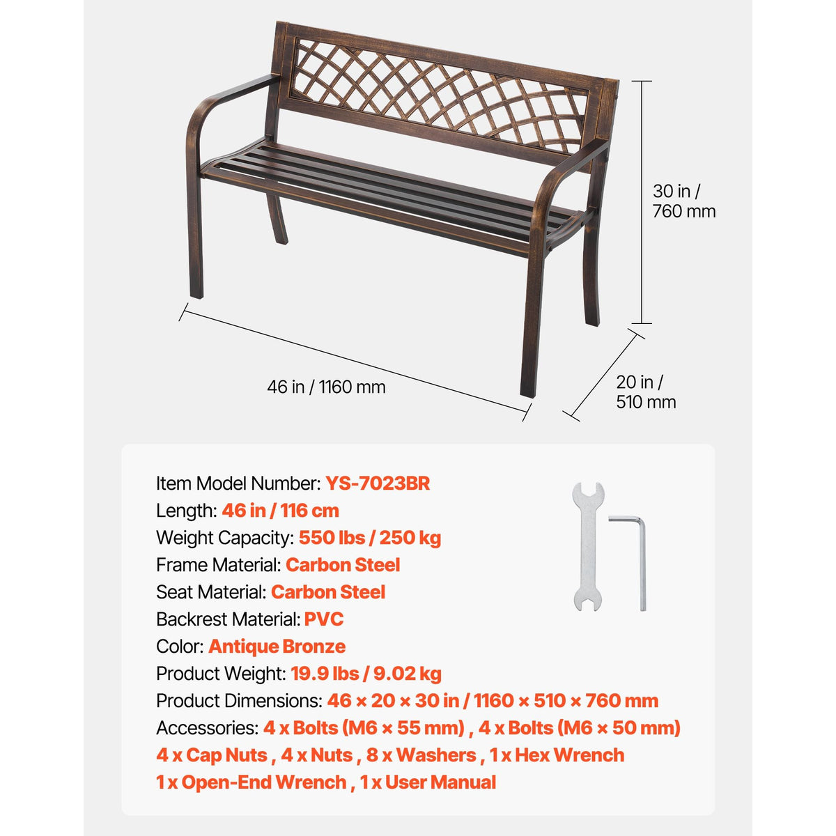 Outdoor Bench, 46 inch, Carbon Steel Metal Frame with PVC Mesh Pattern Backrest and Round Edge Armrests, Weatherproof Outside Bench for Patio, Garden, Park, Yard, Front Porch, Antique Bronze