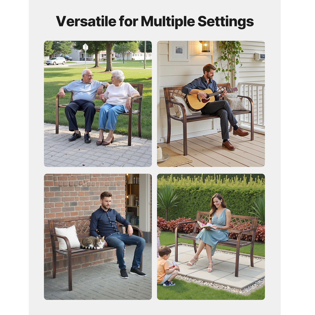 Outdoor Bench, 46 inch, Carbon Steel Metal Frame with PVC Mesh Pattern Backrest and Round Edge Armrests, Weatherproof Outside Bench for Patio, Garden, Park, Yard, Front Porch, Antique Bronze