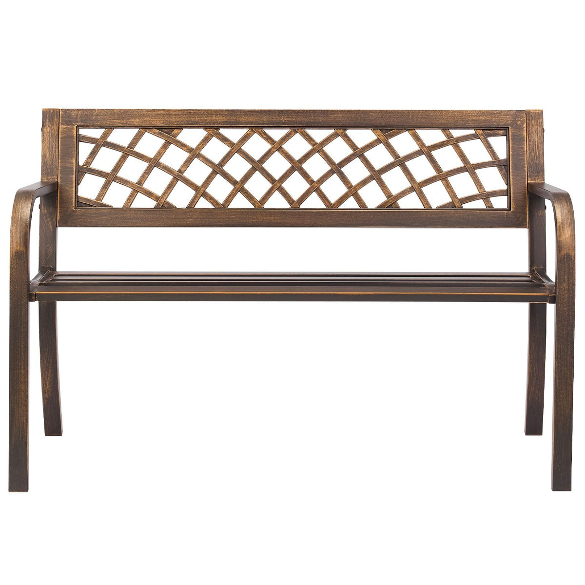 Outdoor Bench, 46 inch, Carbon Steel Metal Frame with PVC Mesh Pattern Backrest and Round Edge Armrests, Weatherproof Outside Bench for Patio, Garden, Park, Yard, Front Porch, Antique Bronze