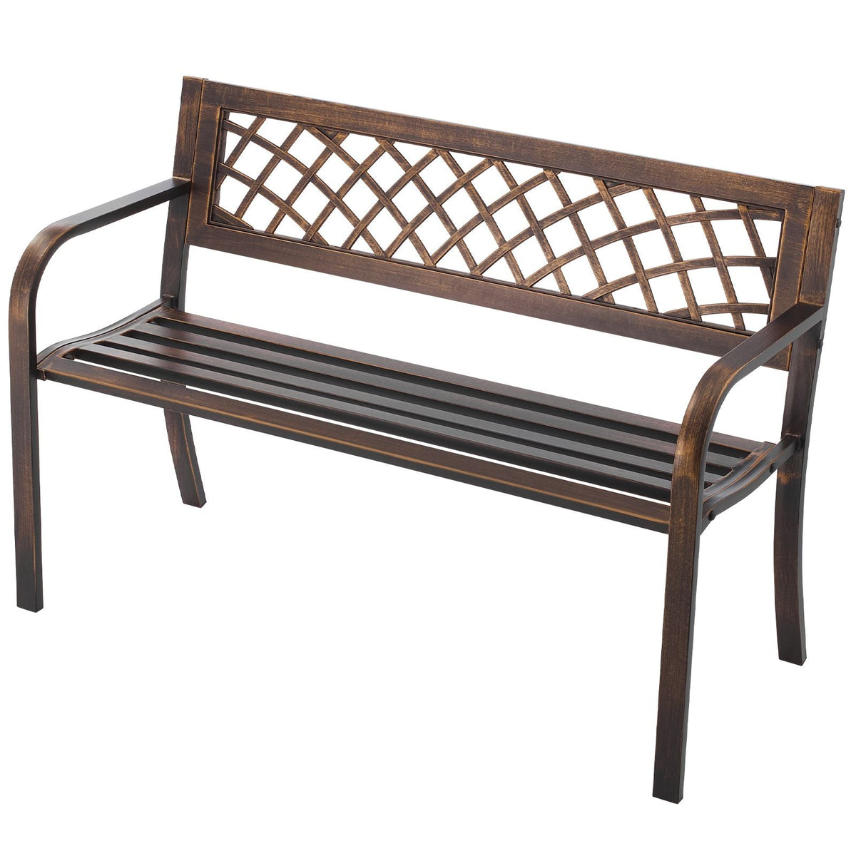 Outdoor Bench, 46 inch, Carbon Steel Metal Frame with PVC Mesh Pattern Backrest and Round Edge Armrests, Weatherproof Outside Bench for Patio, Garden, Park, Yard, Front Porch, Antique Bronze
