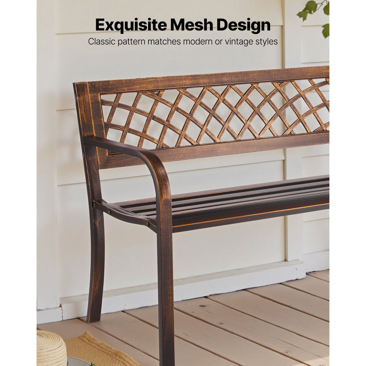 Outdoor Bench, 46 inch, Carbon Steel Metal Frame with PVC Mesh Pattern Backrest and Round Edge Armrests, Weatherproof Outside Bench for Patio, Garden, Park, Yard, Front Porch, Antique Bronze