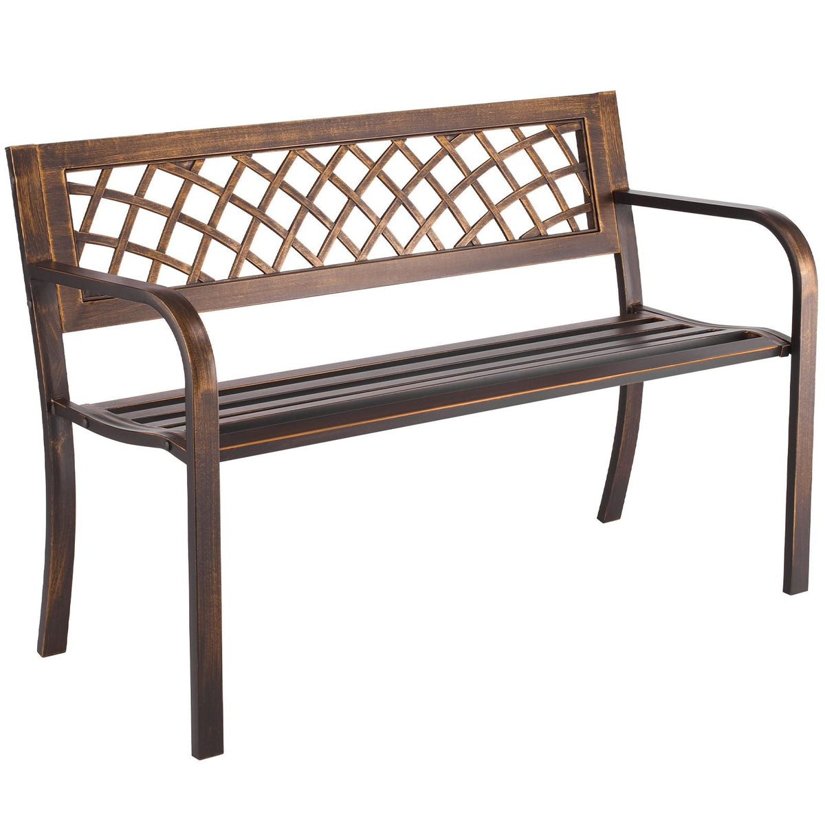 Outdoor Bench, 46 inch, Carbon Steel Metal Frame with PVC Mesh Pattern Backrest and Round Edge Armrests, Weatherproof Outside Bench for Patio, Garden, Park, Yard, Front Porch, Antique Bronze