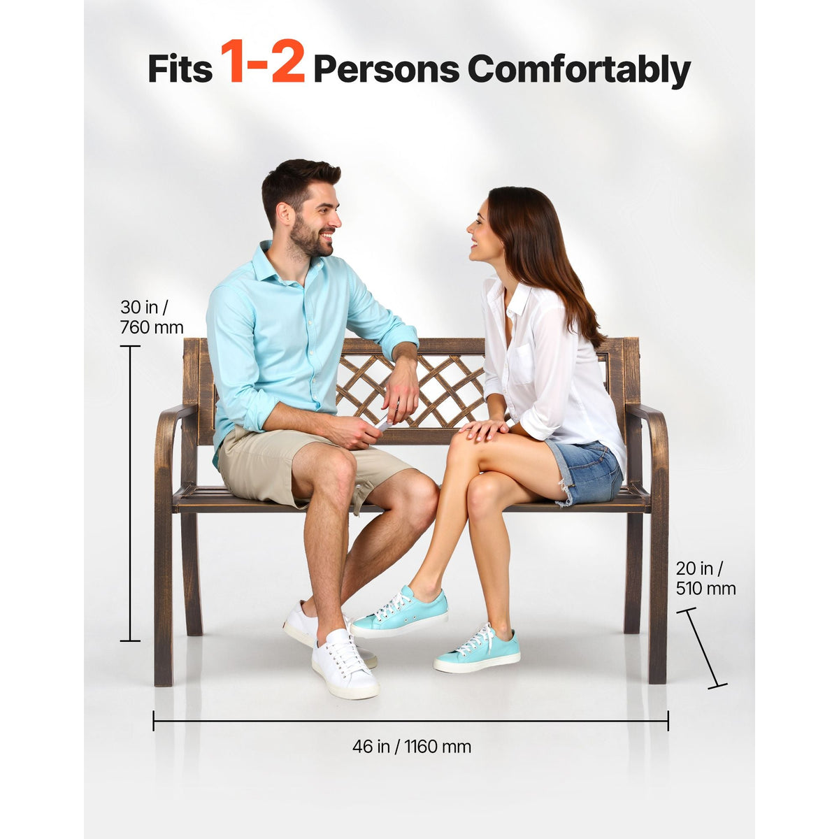 Outdoor Bench, 46 inch, Carbon Steel Metal Frame with PVC Mesh Pattern Backrest and Round Edge Armrests, Weatherproof Outside Bench for Patio, Garden, Park, Yard, Front Porch, Antique Bronze