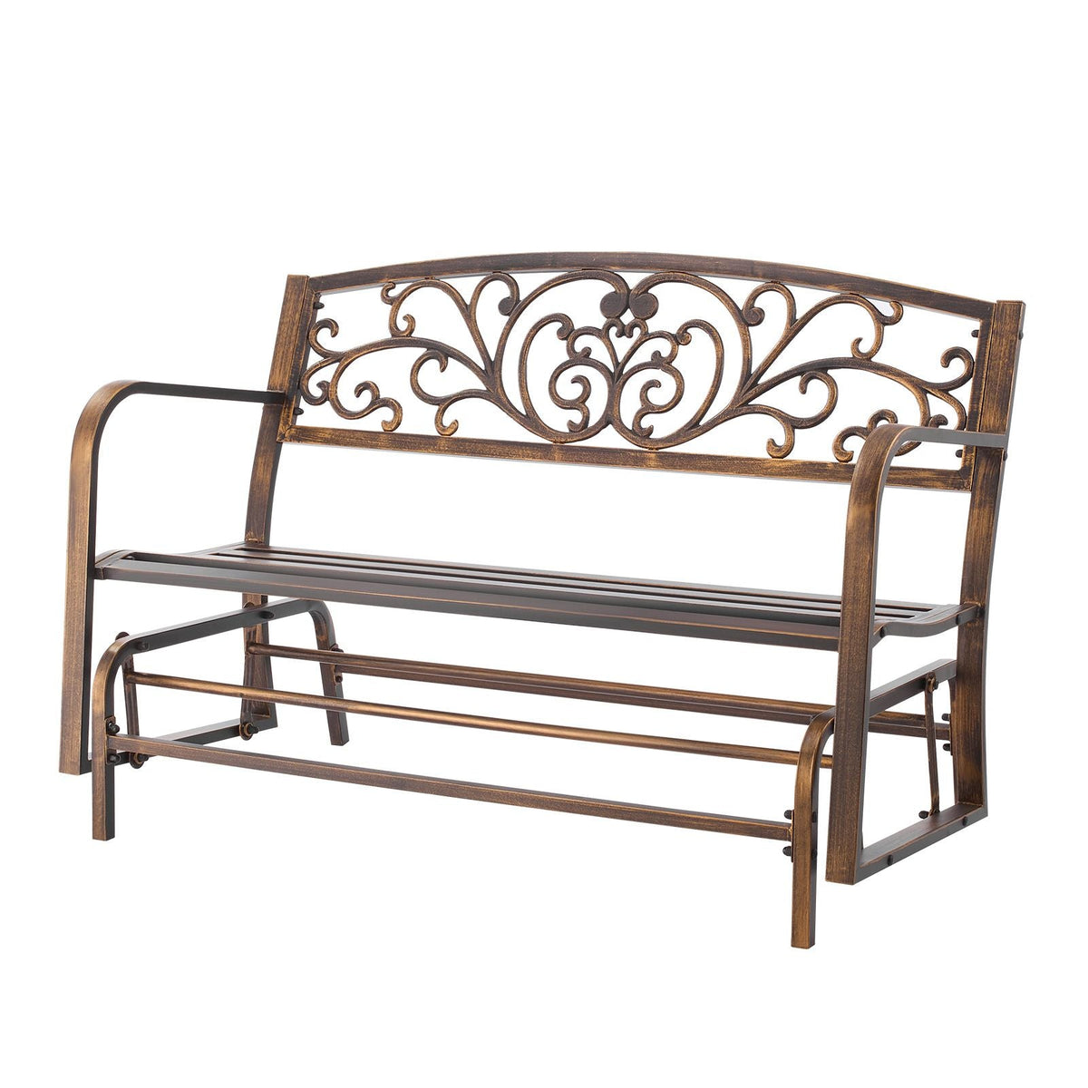 Outdoor Bench, 50 inch, Carbon Steel Metal Frame with Cast Iron Backrest and Round Edge Armrests, Weatherproof Outside Glider Bench for Patio, Garden, Park, Yard, Front Porch, Antique Bronze