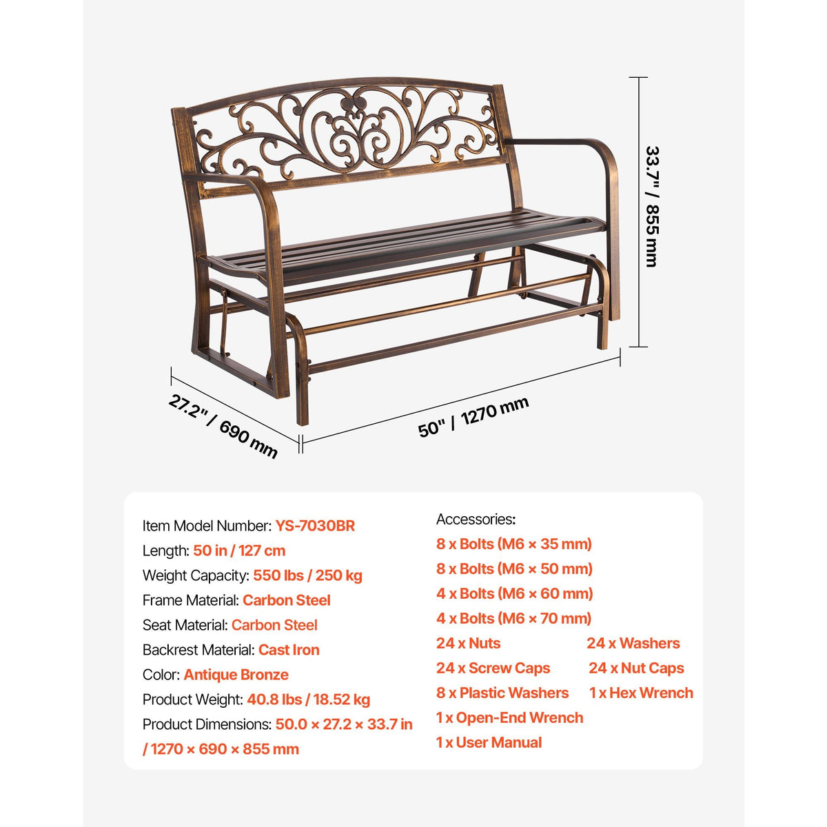 Outdoor Bench, 50 inch, Carbon Steel Metal Frame with Cast Iron Backrest and Round Edge Armrests, Weatherproof Outside Glider Bench for Patio, Garden, Park, Yard, Front Porch, Antique Bronze