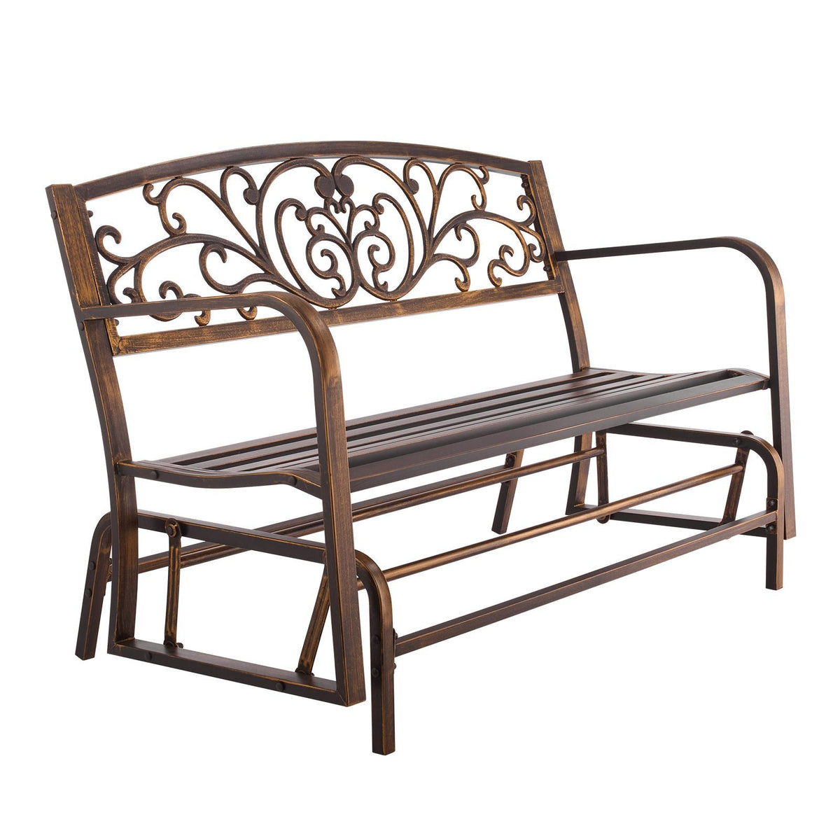 Outdoor Bench, 50 inch, Carbon Steel Metal Frame with Cast Iron Backrest and Round Edge Armrests, Weatherproof Outside Glider Bench for Patio, Garden, Park, Yard, Front Porch, Antique Bronze