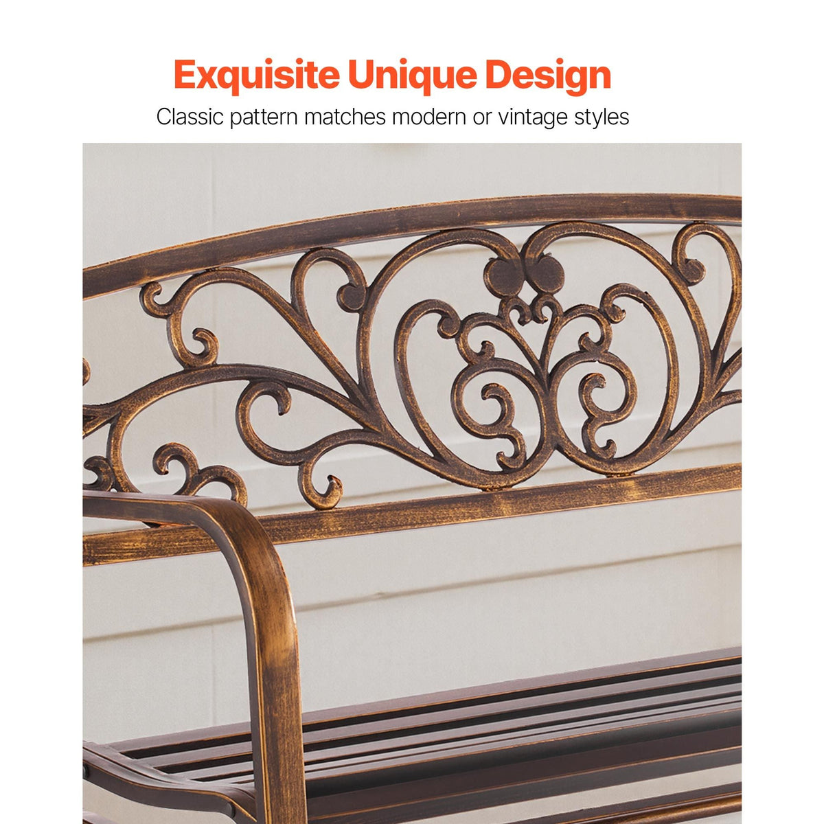 Outdoor Bench, 50 inch, Carbon Steel Metal Frame with Cast Iron Backrest and Round Edge Armrests, Weatherproof Outside Glider Bench for Patio, Garden, Park, Yard, Front Porch, Antique Bronze