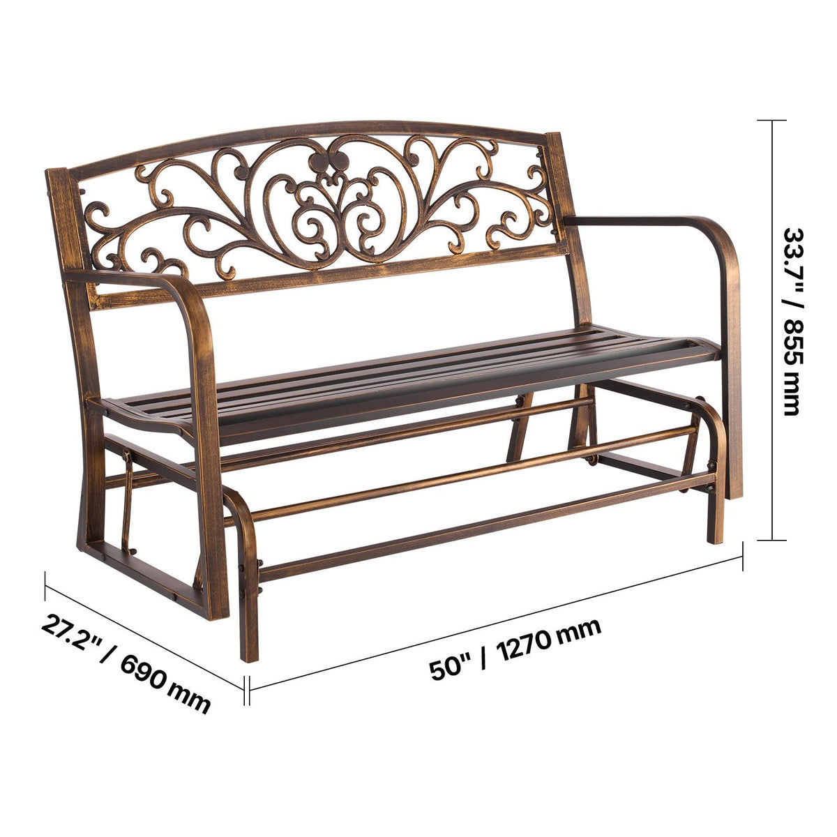 Outdoor Bench, 50 inch, Carbon Steel Metal Frame with Cast Iron Backrest and Round Edge Armrests, Weatherproof Outside Glider Bench for Patio, Garden, Park, Yard, Front Porch, Antique Bronze