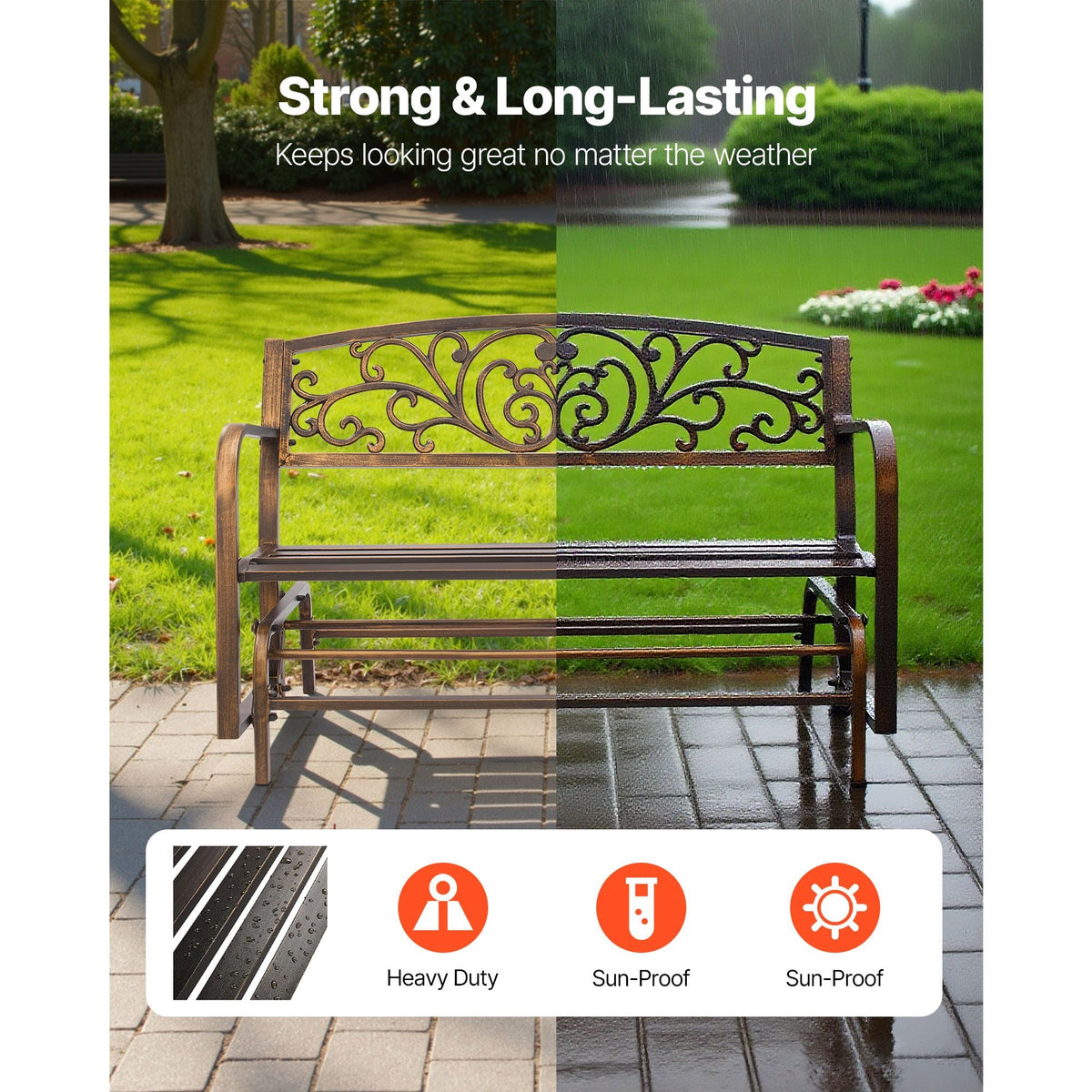 Outdoor Bench, 50 inch, Carbon Steel Metal Frame with Cast Iron Backrest and Round Edge Armrests, Weatherproof Outside Glider Bench for Patio, Garden, Park, Yard, Front Porch, Antique Bronze