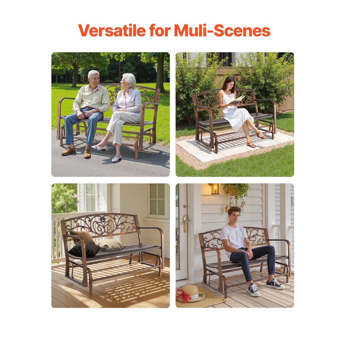 Outdoor Bench, 50 inch, Carbon Steel Metal Frame with Cast Iron Backrest and Round Edge Armrests, Weatherproof Outside Glider Bench for Patio, Garden, Park, Yard, Front Porch, Antique Bronze
