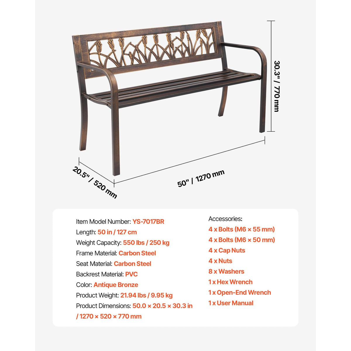 Outdoor Bench, 50 inch, Carbon Steel Metal Frame with PVC Floral Pattern Backrest and Round Edge Armrests, Weatherproof Outside Bench for Patio, Garden, Park, Yard, Front Porch, Antique Bronze