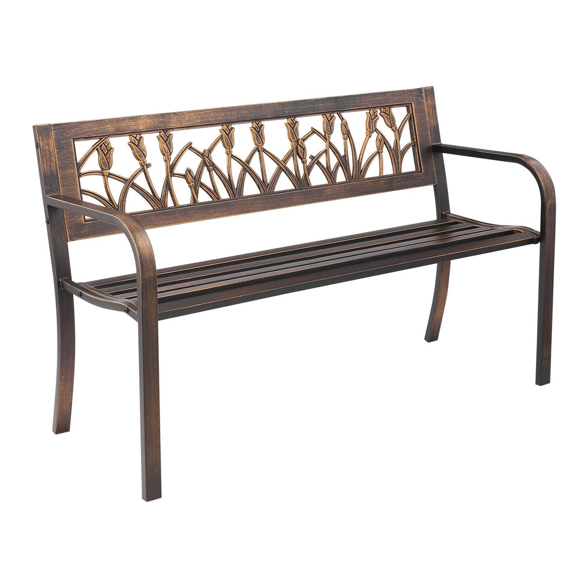 Outdoor Bench, 50 inch, Carbon Steel Metal Frame with PVC Floral Pattern Backrest and Round Edge Armrests, Weatherproof Outside Bench for Patio, Garden, Park, Yard, Front Porch, Antique Bronze