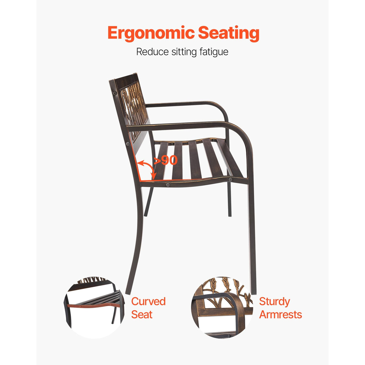 Outdoor Bench, 50 inch, Carbon Steel Metal Frame with PVC Floral Pattern Backrest and Round Edge Armrests, Weatherproof Outside Bench for Patio, Garden, Park, Yard, Front Porch, Antique Bronze