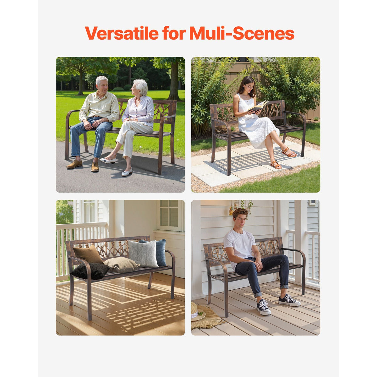 Outdoor Bench, 50 inch, Carbon Steel Metal Frame with PVC Floral Pattern Backrest and Round Edge Armrests, Weatherproof Outside Bench for Patio, Garden, Park, Yard, Front Porch, Antique Bronze