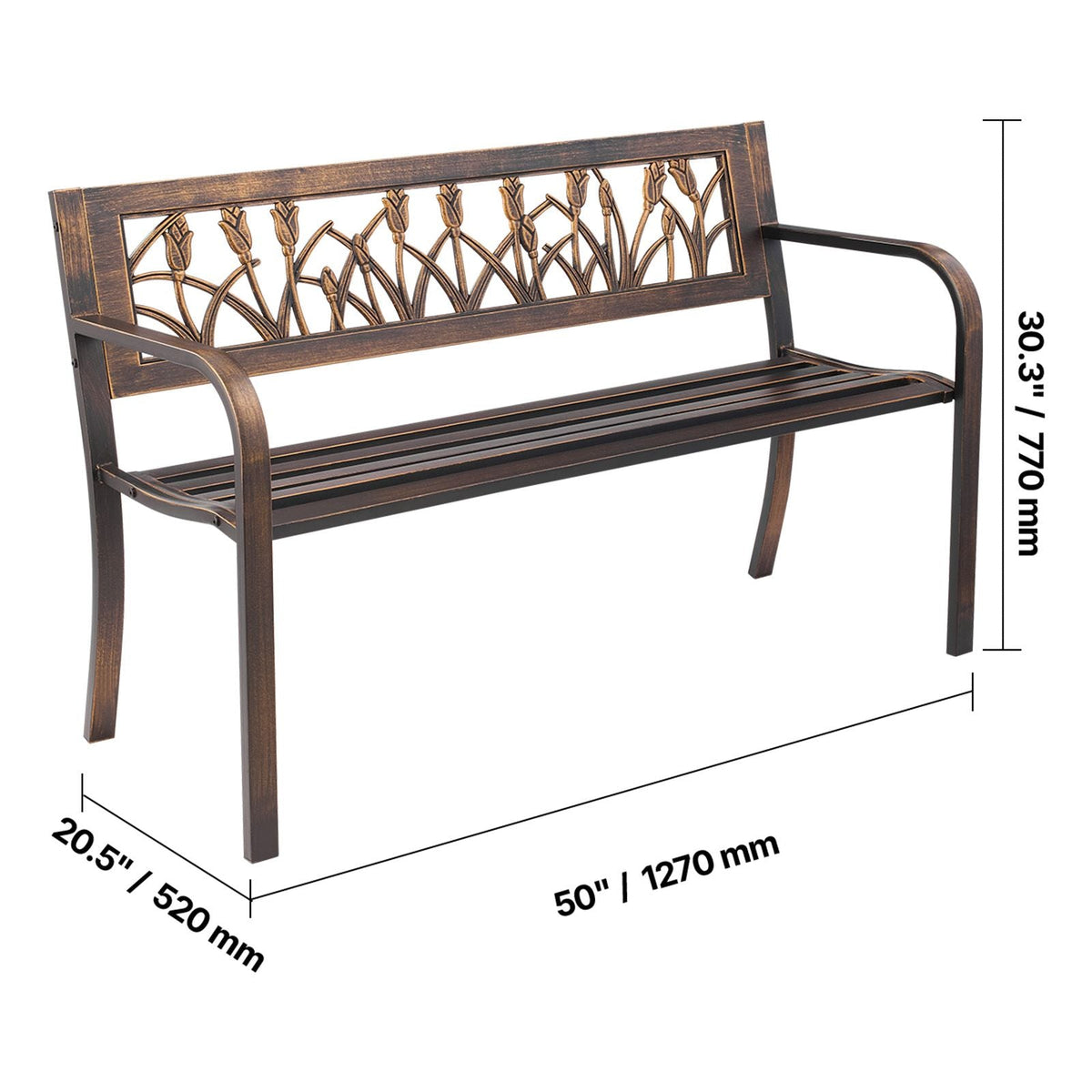 Outdoor Bench, 50 inch, Carbon Steel Metal Frame with PVC Floral Pattern Backrest and Round Edge Armrests, Weatherproof Outside Bench for Patio, Garden, Park, Yard, Front Porch, Antique Bronze