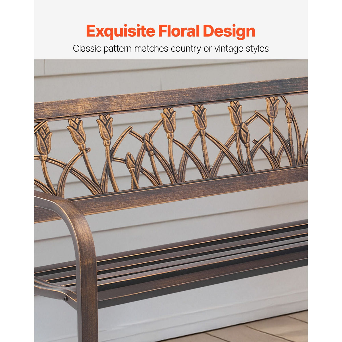 Outdoor Bench, 50 inch, Carbon Steel Metal Frame with PVC Floral Pattern Backrest and Round Edge Armrests, Weatherproof Outside Bench for Patio, Garden, Park, Yard, Front Porch, Antique Bronze