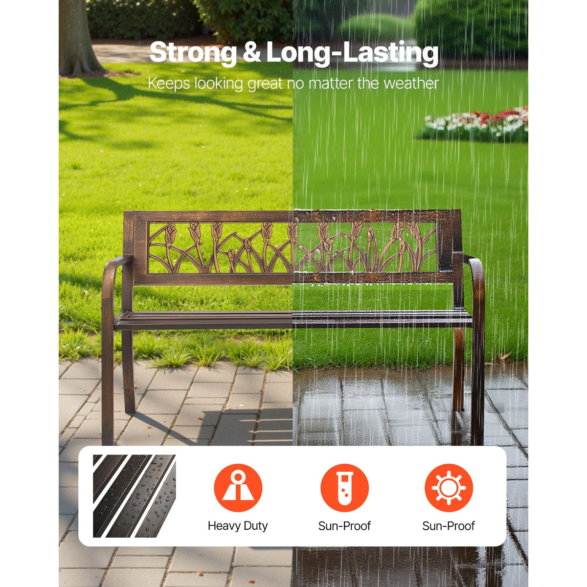 Outdoor Bench, 50 inch, Carbon Steel Metal Frame with PVC Floral Pattern Backrest and Round Edge Armrests, Weatherproof Outside Bench for Patio, Garden, Park, Yard, Front Porch, Antique Bronze