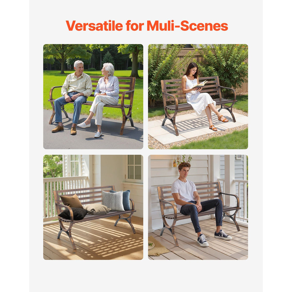 Outdoor Bench, 50 inch, Carbon Steel Metal Frame with Slatted Pattern Backrest and Round Edge Armrests, Weatherproof Outside Bench for Patio, Garden, Park, Yard, Front Porch, Antique Bronze