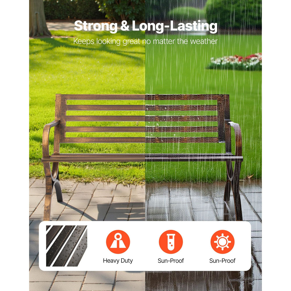 Outdoor Bench, 50 inch, Carbon Steel Metal Frame with Slatted Pattern Backrest and Round Edge Armrests, Weatherproof Outside Bench for Patio, Garden, Park, Yard, Front Porch, Antique Bronze