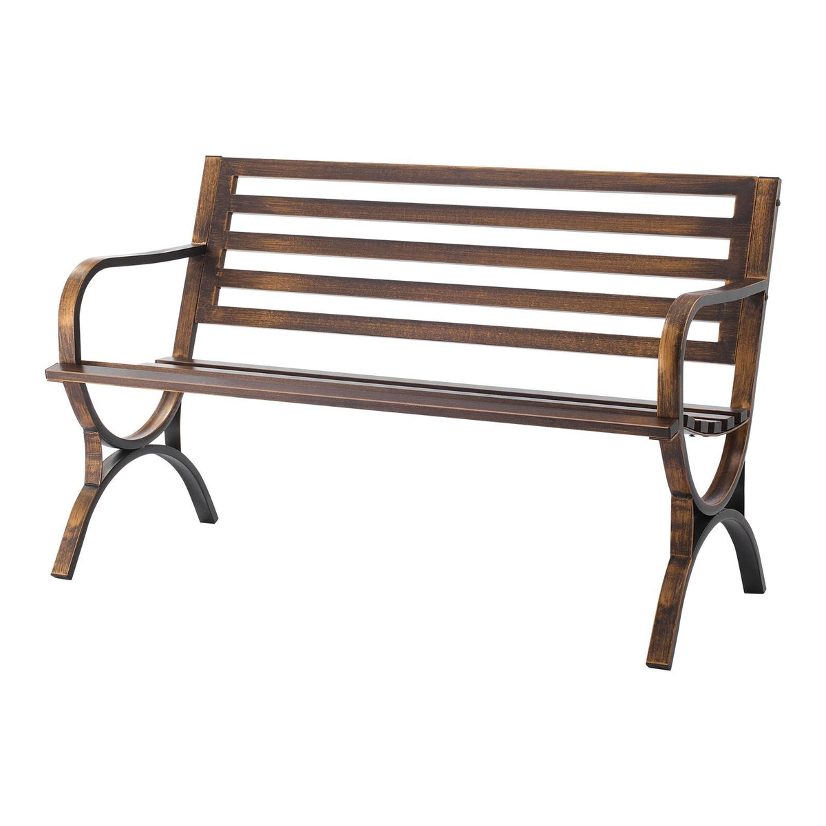 Outdoor Bench, 50 inch, Carbon Steel Metal Frame with Slatted Pattern Backrest and Round Edge Armrests, Weatherproof Outside Bench for Patio, Garden, Park, Yard, Front Porch, Antique Bronze