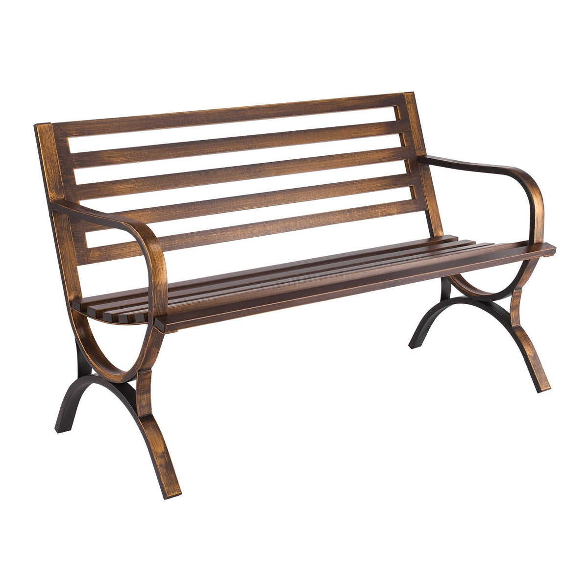 Outdoor Bench, 50 inch, Carbon Steel Metal Frame with Slatted Pattern Backrest and Round Edge Armrests, Weatherproof Outside Bench for Patio, Garden, Park, Yard, Front Porch, Antique Bronze
