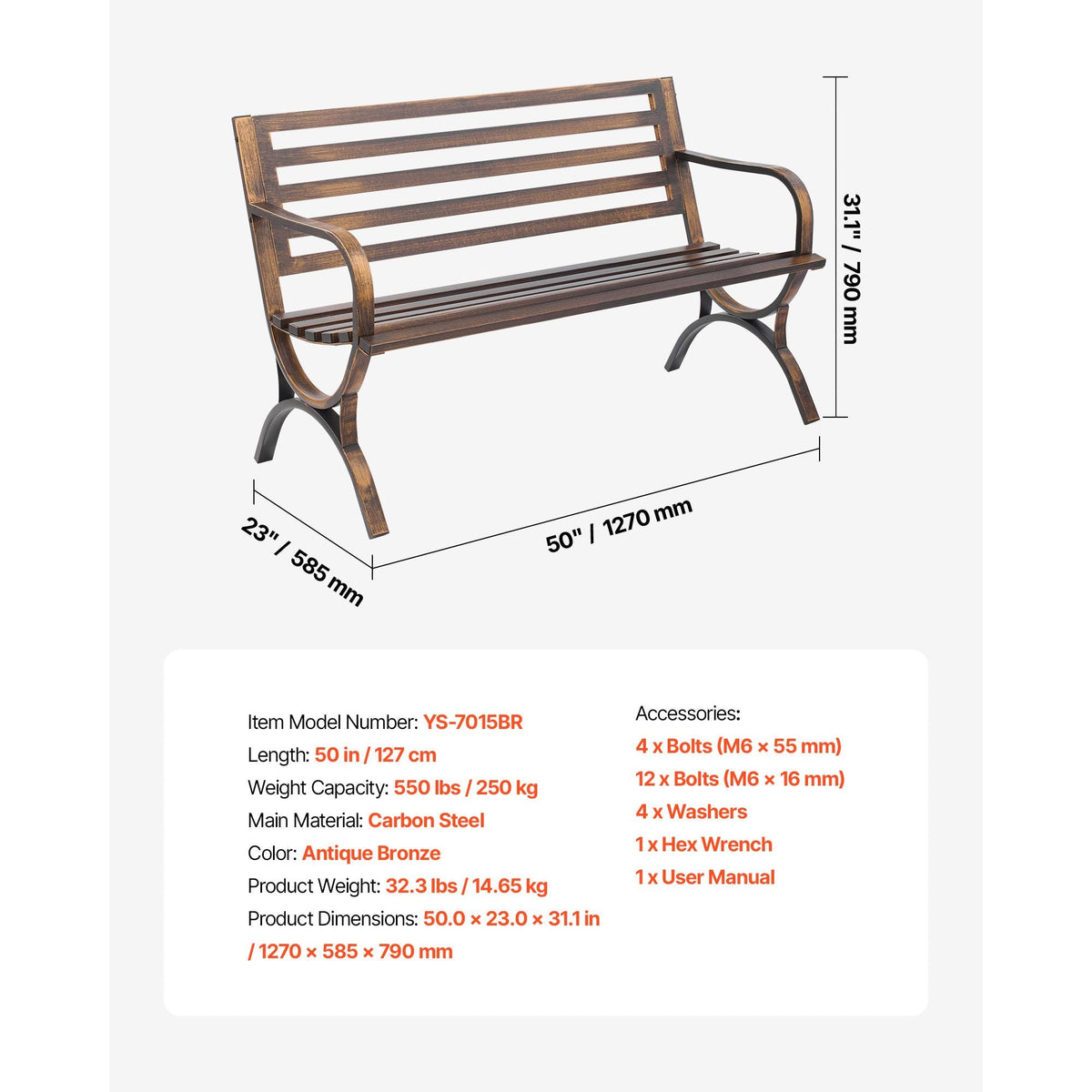 Outdoor Bench, 50 inch, Carbon Steel Metal Frame with Slatted Pattern Backrest and Round Edge Armrests, Weatherproof Outside Bench for Patio, Garden, Park, Yard, Front Porch, Antique Bronze