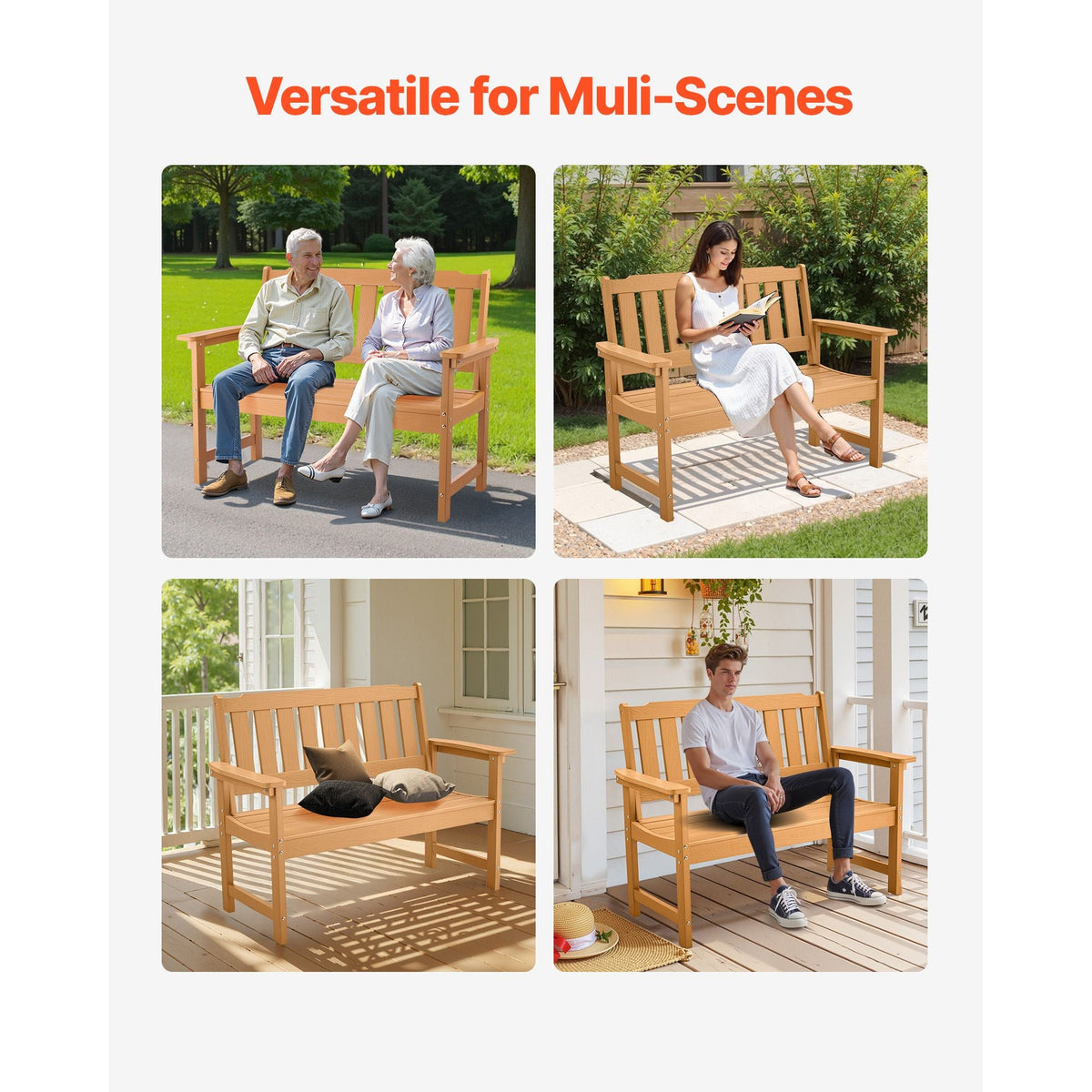 Outdoor Bench, 50.5 inch, 800 lbs Weight Capacity for 2-3 Persons, Weatherproof Plastic Frame with Backrest and Wide Armrests, Outside Bench for Patio, Garden, Park, Yard, Natural Wood Color