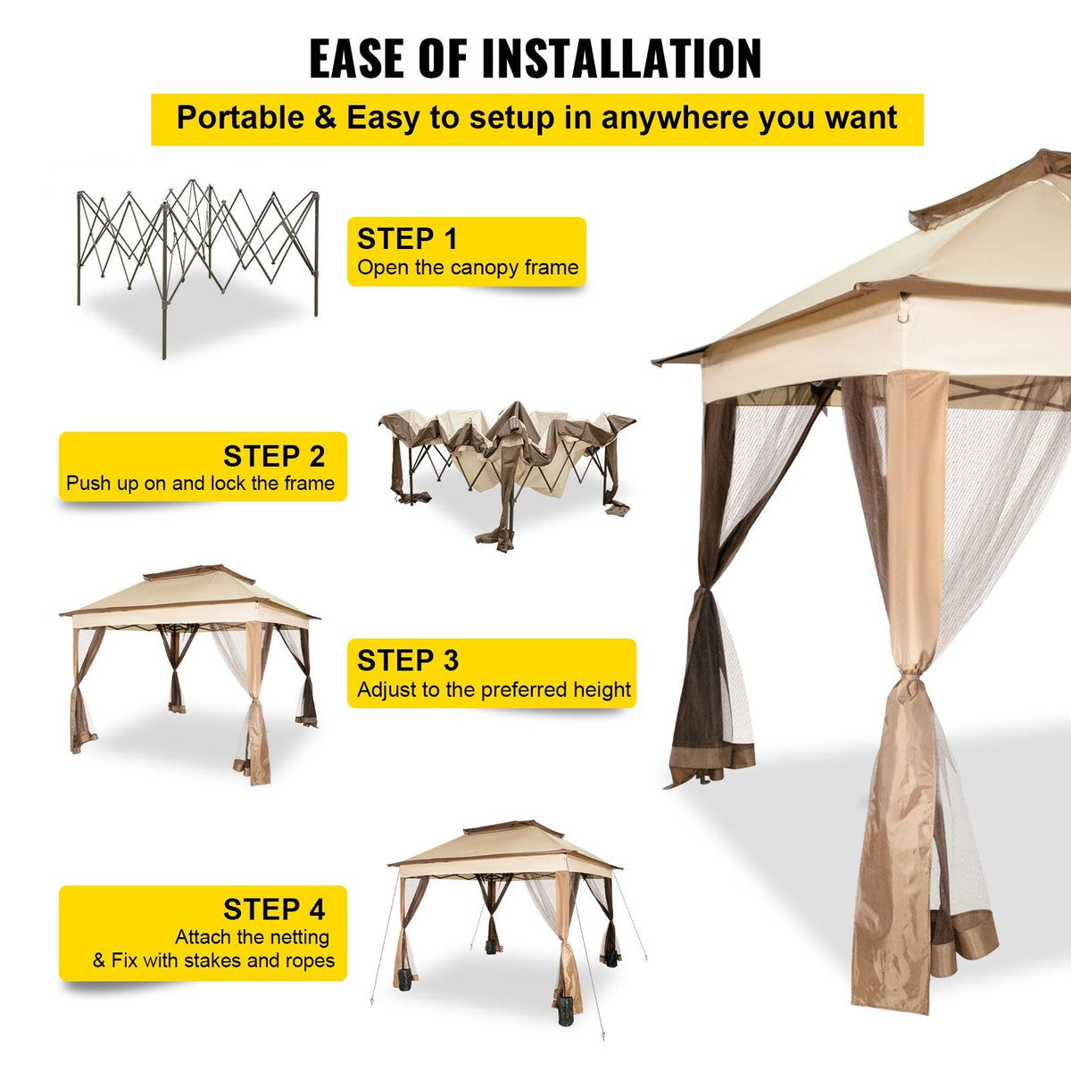 Outdoor Canopy Gazebo Tent, Portable Canopy Shelter with 11'x11' Large Shade Space for Party, Backyard, Patio Lawn and Garden, 4 Sandbags, Carrying Bag and Netting Included, Brown