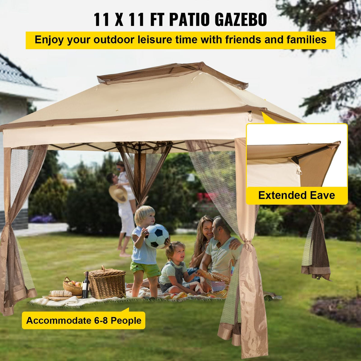Outdoor Canopy Gazebo Tent, Portable Canopy Shelter with 11'x11' Large Shade Space for Party, Backyard, Patio Lawn and Garden, 4 Sandbags, Carrying Bag and Netting Included, Brown