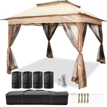 Outdoor Canopy Gazebo Tent, Portable Canopy Shelter with 11'x11' Large Shade Space for Party, Backyard, Patio Lawn and Garden, 4 Sandbags, Carrying Bag and Netting Included, Brown