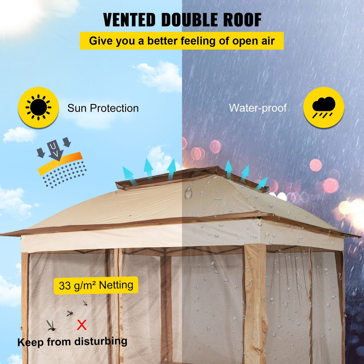 Outdoor Canopy Gazebo Tent, Portable Canopy Shelter with 11'x11' Large Shade Space for Party, Backyard, Patio Lawn and Garden, 4 Sandbags, Carrying Bag and Netting Included, Brown