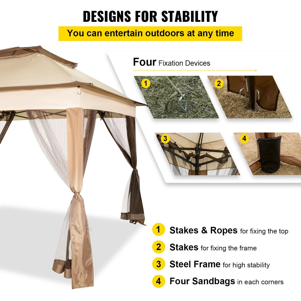 Outdoor Canopy Gazebo Tent, Portable Canopy Shelter with 11'x11' Large Shade Space for Party, Backyard, Patio Lawn and Garden, 4 Sandbags, Carrying Bag and Netting Included, Brown