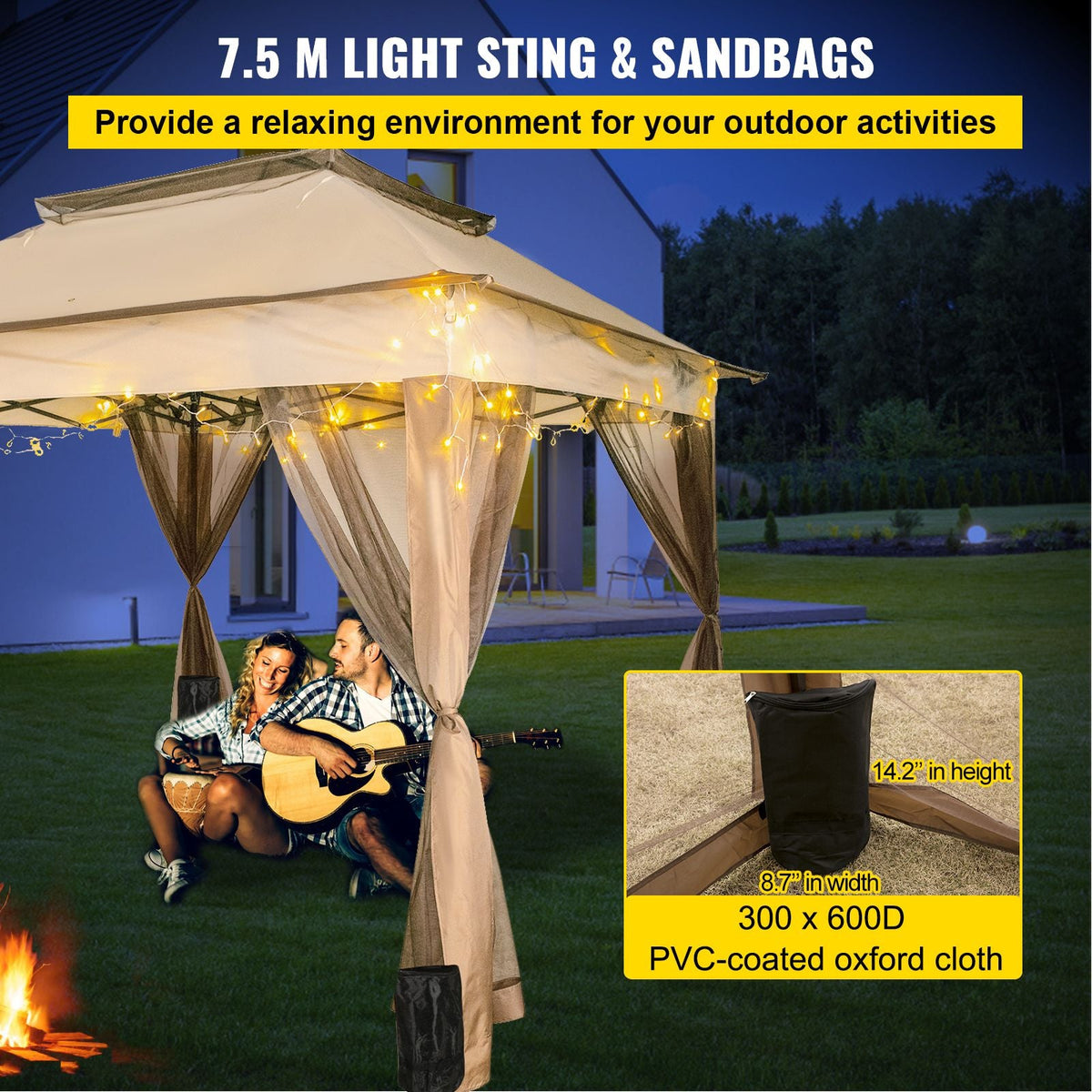 Outdoor Canopy Gazebo Tent, Portable Canopy Shelter with 11'x11' Large Shade Space for Party, Backyard, Patio Lawn and Garden, 4 Sandbags, Carrying Bag and Netting Included, Brown